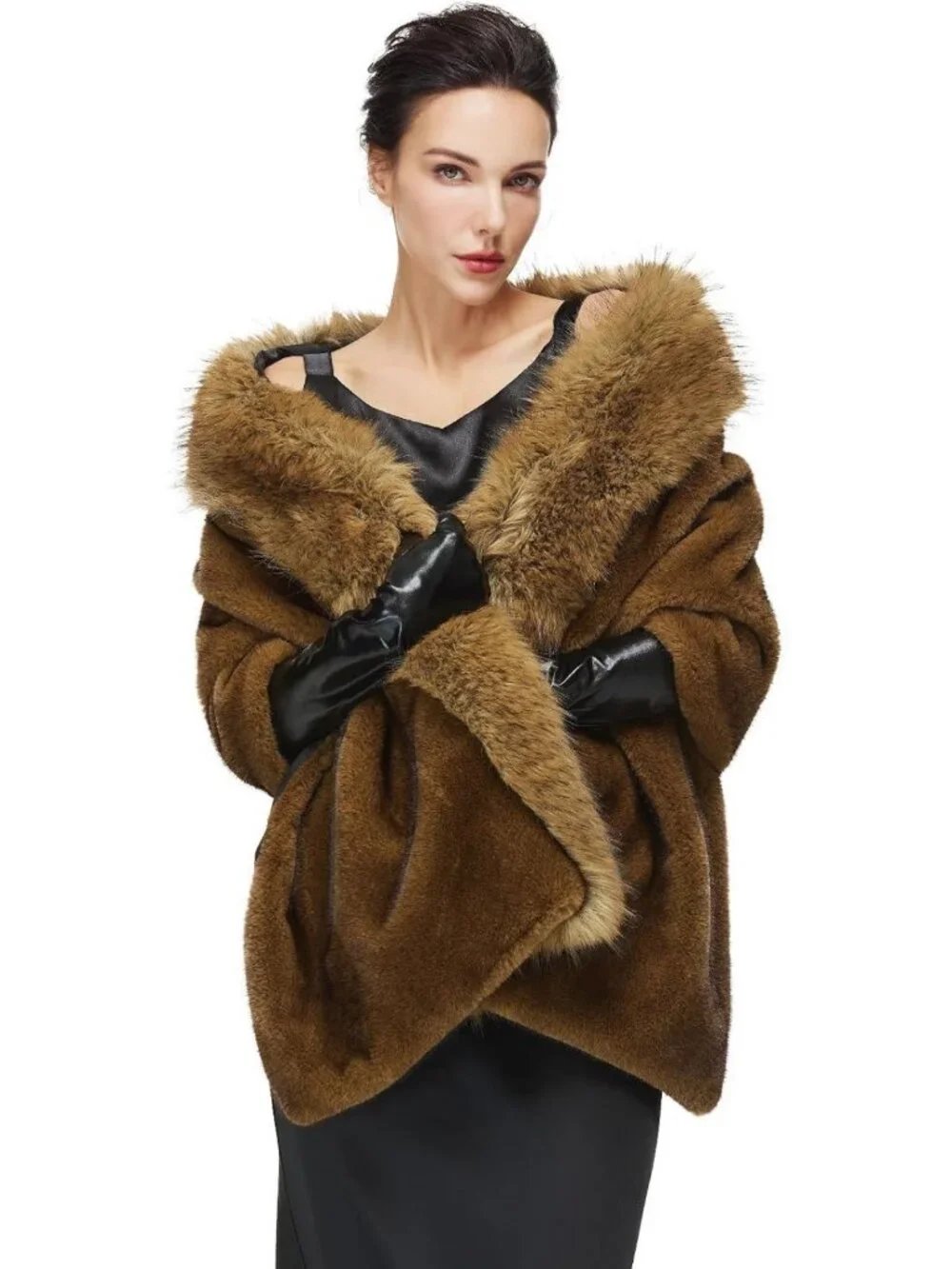 Chic Faux Fur Shawl Wrap with Fox Fur Trim Collar for Evening Dresses & Weddings